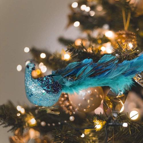 Magnifique décoration de Noël paon à clipser en forme d'oiseau pailleté - 30,5 cm - Turquoise