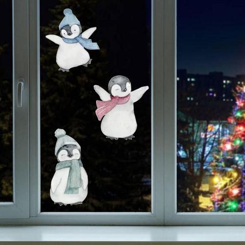 Autocollants muraux de noël en forme de pingouin, dessin animé, pour fenêtre en verre, flocon de neige, décoration de maison, fête, boutique