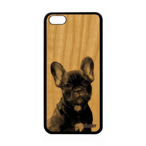 Coque Chien Iphone 5c En Bois Et Silicone Mignon De Protection Chiot Dessin Telephone Nature Bulldog Canin 4g Souple Portable Apple