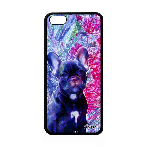 Coque Iphone 5c Silicone Chien Bulldog Etui Personnalisé Mignon Telephone Animal Animaux Chiot Noir Cover Fleurs Bleu Dessin Apple