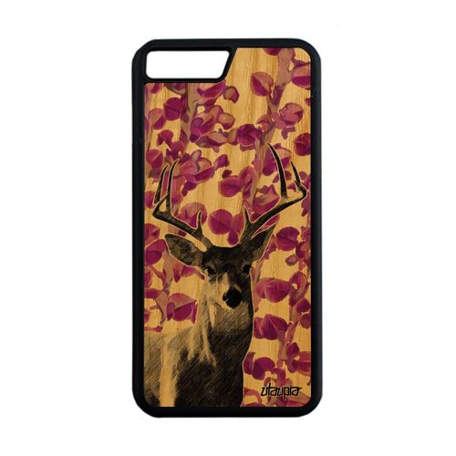 Coque Iphone 8+ Plus En Bois Silicone Cerf Portable Antichoc Foret Animal Mobile Plante Cervide Faon Design Biche Animaux Rose