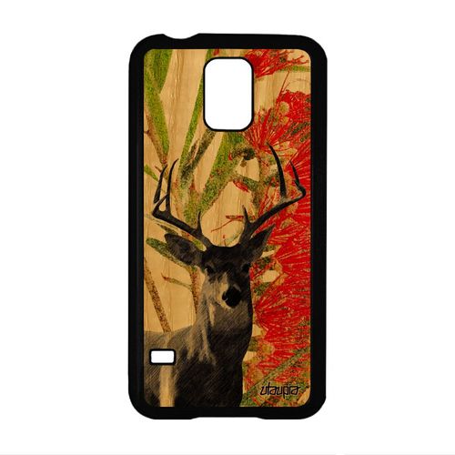 Coque Samsung Galaxy S5 En Bois Silicone Cerf Nature Case Vert Brame Foret Fleurs Design Biche Telephone Peinture Original Cervide