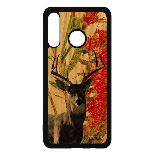 Coque Bois Naturel Pour Huawei P30 Lite Silicone Cerf Antichoc Fleurs Biche Cervide Peinture Faon Animal Brame Design Portable Vert