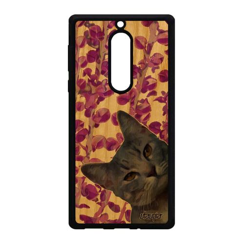 Coque Nokia 5 Bois Silicone Chat Felin Portable Lol Cat 4g Nature Design Matou Solide Motif Plante Rose Telephone Antichoc Animaux