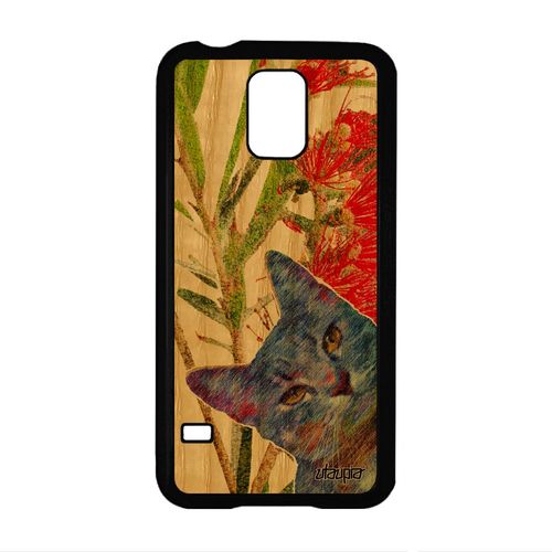 Coque En Bois Chat Galaxy S5 Silicone Fleurs Nature Animaux Bumper Antichoc Souple Chaton Vert Lol Cat Animal Design Matou Samsung