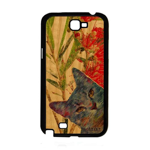 Coque Bois Veritable Galaxy Note 2 Silicone Chat Matou Vert Animal Chaton Peinture Motif Design Etui Mobile Caoutchouc Felin Samsung