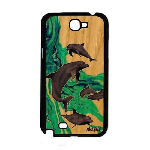 Coque De Protection Galaxy Note 2 Bois Silicone Dauphin Design Ocean Unique Vert Mobile Animaux Animal Mer Texture Marsouin Samsung