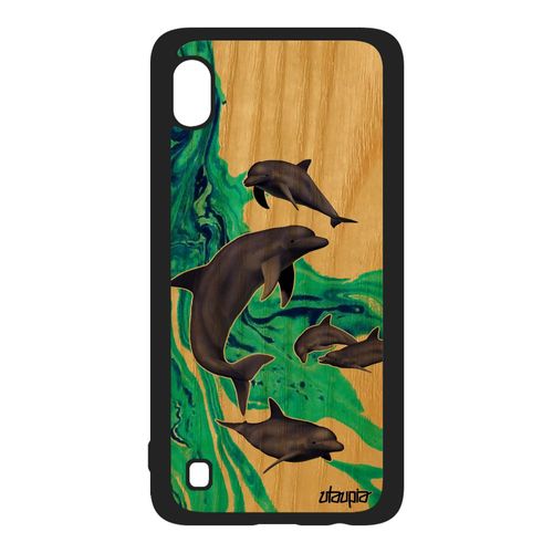 Coque Pour Samsung Galaxy A10 En Bois Et Silicone Dauphin Marsouin Texture Animaux Marin De Protection Peinture Mer Animal Telephone