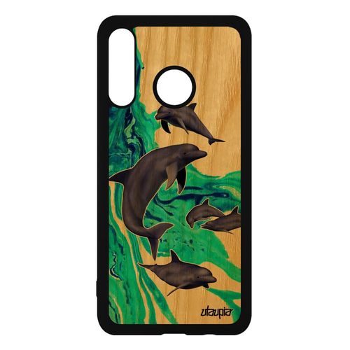 Coque Pour Huawei P30 Lite Bois Silicone Dauphin Animaux Animal Mer Marin Design 4g Peinture Texture Vert Ocean Etui Made In France
