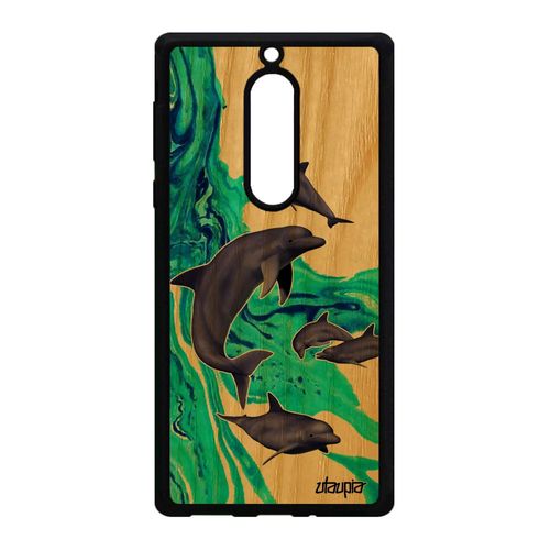 Coque Silicone Nokia 5 Bois Dauphin Animaux Mer Peinture Frêne Texture Case Design Telephone Animal Ocean Marin Vert Rigide Marsouin