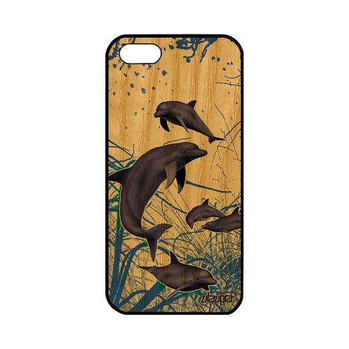 Coque Apple Iphone 5 5s Se En Bois Silicone Dauphin Animal Animaux Fonds Marins Marsouin Etui Mer Bleu Design Nature Pas Cher Ocean