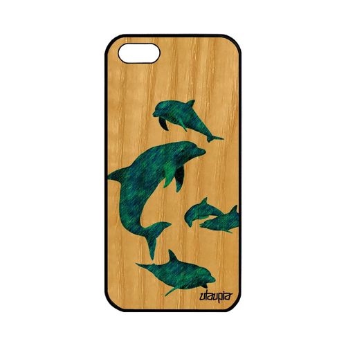 Coque En Bois Silicone Iphone 5 5s Se Dauphin Marsouin Bleu Design Ocean Marin Jolie Animaux Portable Rigide Animal Nature Mer Apple