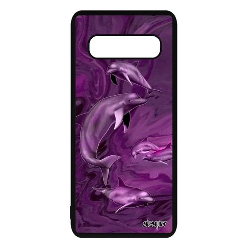 Coque Silicone Pour Samsung S10+ Plus Dauphin Animaux Marbre Violet Cover Design Mer Noir Peinture Marsouin Portable Marin De Galaxy
