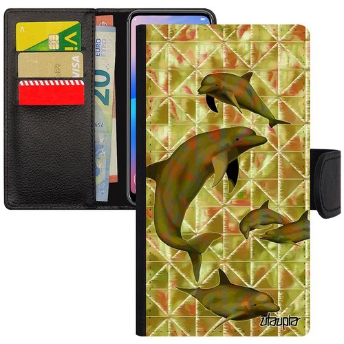 Coque Pour Iphone 11 Simili Cuir Portefeuille Porte Cartes Dauphin Animal Graphique Design Vert Smartphone Geometrie Marsouin