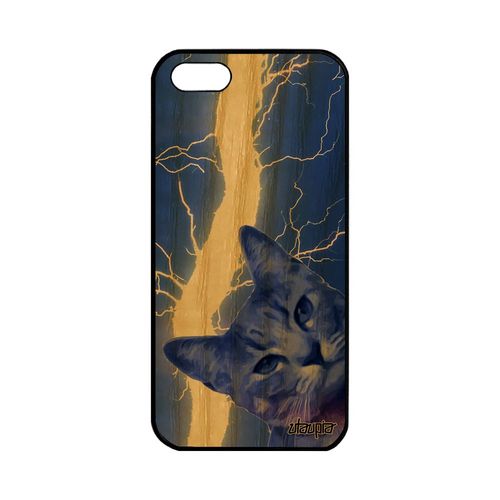 Coque Silicone Telephone Iphone 5 5s Se Bois Chat Personnalisé Animaux Minou Foudre Antichoc Lolcat Eclair Felin Bleu Housse Apple