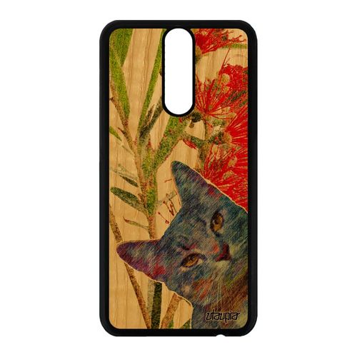 Coque En Bois Huawei Mate 10 Lite Silicone Chat Peinture Fleurs Animaux Antichoc Animal Matou Chaton Smartphone Housse Vert Felin De