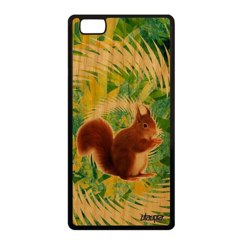 Coque Bois Naturel Rigide Pour Huawei P8 Lite 2015 Silicone Ecureuil Animaux Telephone Mignon Original Vert Portable Texture Etui De