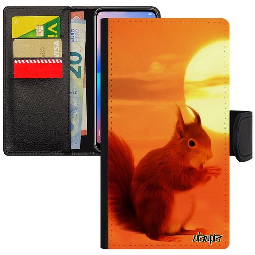 Coque Pour Iphone 11 Portefeuille Ecureuil Roux Telephone Personnalisé Orange Design Etui Ciel Dessin Couché De Soleil Foret