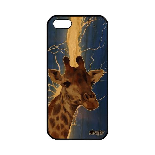 Coque Apple Iphone 5 5s Se En Bois Silicone Girafe Animal Antichoc Animaux Bleu Foudre Tache Afrique Design Smartphone Orage Motif