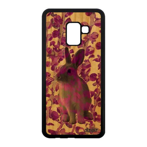Coque Pour Samsung Galaxy A8 2018 Vrai Bois Silicone Lapin Lapine Case Frêne De Paques Smartphone Animal Etui Telephone Belier Rose