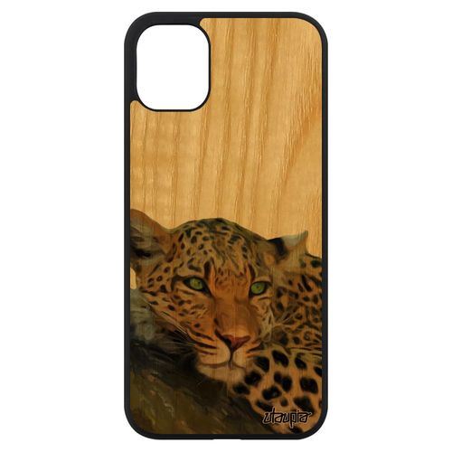 Coque Silicone Antichoc Pour Iphone 11 En Bois Naturel Leopard Guepard Jaguar Rigide Design Case Animaux Animal Souple Marron