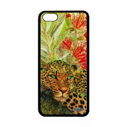 Coque Iphone 5c Silicone Leopard Guepard Jaguar Felin Dessin Design Sauvage Fleurs Animaux Fauve Smartphone Animal Predateur Apple