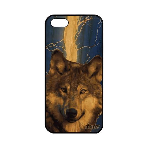 Coque Pour Iphone 5 5s Se En Bois Silicone Loup Predateur Animal Portable Bleu Louve Eclair Design Animaux 128 Go Foudre Etui Apple