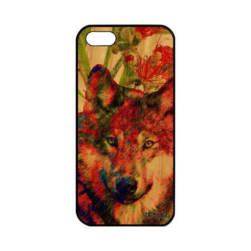Coque Apple Iphone 5 5s Se En Bois Silicone Loup Alpha Predateur Vert 4g Case Solide Gel Dessin Animal Louve Fleurs Animaux Design