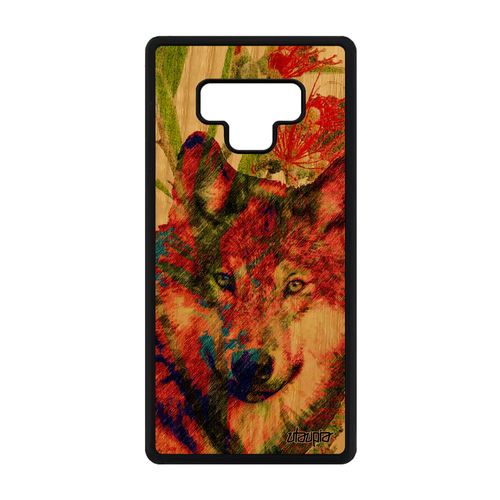 Coque Samsung Galaxy Note 9 Bois Veritable Silicone Loup Nature Animal 4g Animaux Peinture Louve Design Bumper Vert Fleurs Alpha De