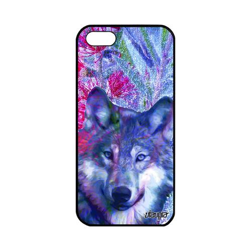 Coque Apple Iphone 5 5s Se Silicone Loup Rose Fleurs Bête Sauvage Antichoc Rigide Nature Animaux Animal 32 Go Bumper Dessin Design