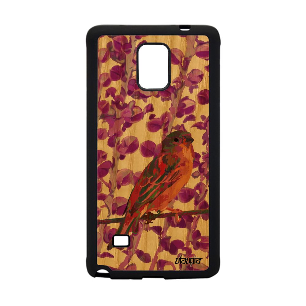 Coque Pour Galaxy Note 4 Bois Silicone Oiseau Nature Animal Housse Antichoc Moineau Plante Rose Animaux Design Petit De Samsung