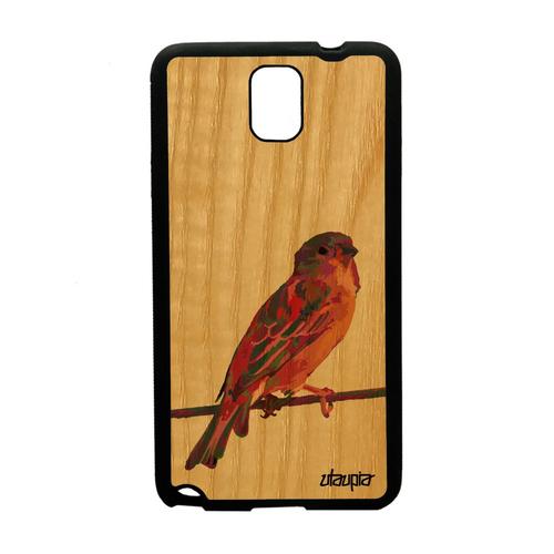 Coque Oiseau Samsung Galaxy Note 3 En Bois Et Silicone Original Violet Etui 4g Housse Moineau Nature Petit Motif