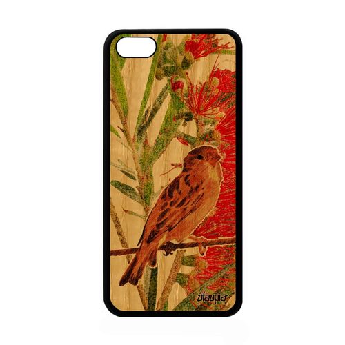 Coque Silicone Telephone Iphone 5c Bois Oiseau Petit Peinture Animal Nature Rigide Design Moineau Noir Fleurs Animaux Antichoc Apple