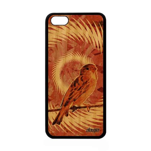 Coque Pour Apple Iphone 5c En Bois Silicone Oiseau Mandala Animaux 4g De Protection Animal Design Souple Frêne Moineau Petit Texture