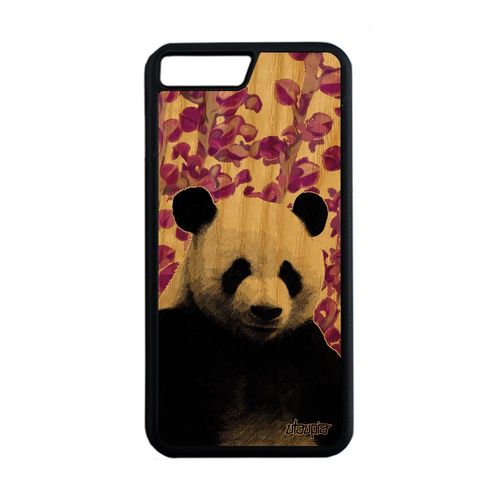 Coque Iphone 8+ Plus En Bois Veritable Et Silicone Panda Portable Ecolo De Protection Ecologie Rigide Rose Geant Ours Animal