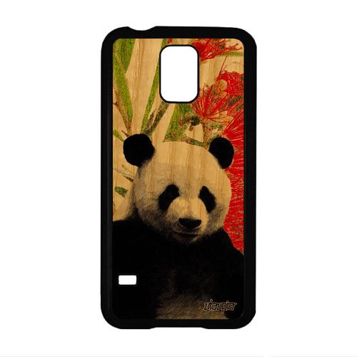 Coque Samsung Galaxy S5 Bois Naturel Silicone Panda Animal Animaux Cover Design Ecologie Ours Peinture Vert Nature Fleurs Ecolo Case