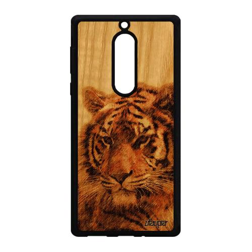 Coque Vrai Bois Nokia 5 Silicone Tigre Portable Tigresse Etui Nature Marron Fauve Rigide Design Dessin Telephone Predateur Animaux