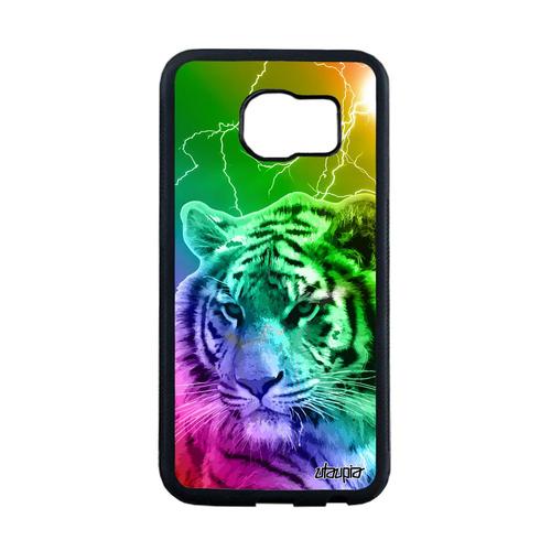 Coque Pour Samsung S6 Edge Silicone Tigre Tigresse Eclair Multicolore Fauve Noir Jaune Predateur Original Felin Animal Design Galaxy