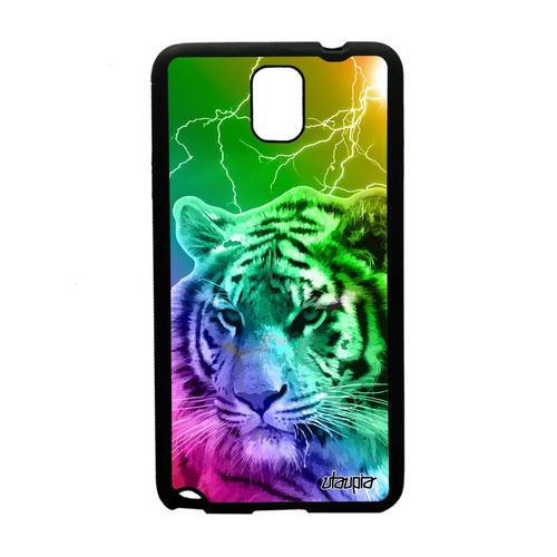 Coque Silicone Samsung Galaxy Note 3 Tigre Eclair Tigresse Predateur Jaune Case Multicolore Smartphone Design Arc En Ciel Housse Gel