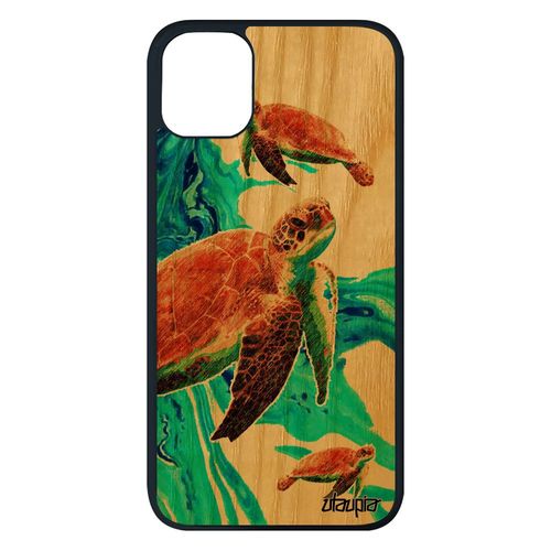 Coque Iphone 11 Pro Max Bois Silicone Tortue Housse Ocean Luth Peinture Smartphone Portable De Mer Vert Texture Design Marin