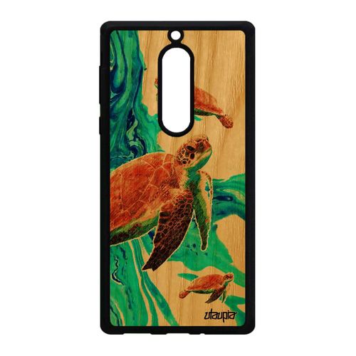 Coque Nokia 5 En Bois Et Silicone Tortue 4g Souple Animaux Ocean Animal Etui Portable Marin Pas Cher Design De Mer Luth Vert Texture