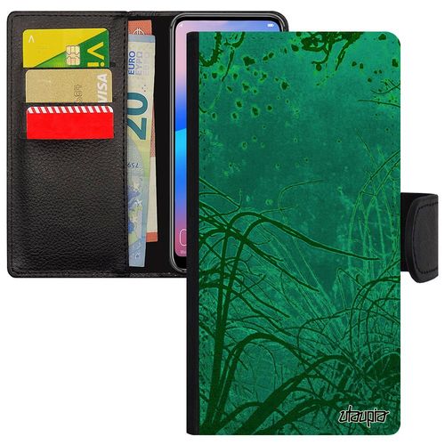 Coque Fonds Marins Huawei P10 Lite Simili Cuir Portefeuille Plongée Algues Etui Rigide Plantes Marines Dessin Océan Mer Design Vert