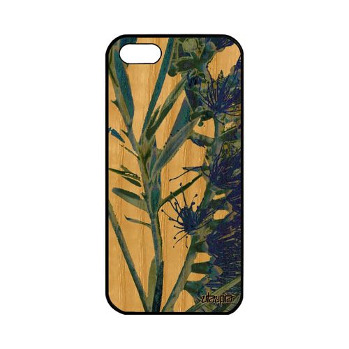 Coque En Bois Iphone 5 5s Se Silicone Fleurs Telephone Design Etui Noir Effet Smartphone Plante Exotique Florale Fond Bleu Gel Apple