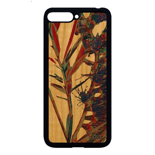 Coque Bois Naturel Pour Huawei Y6 2018 Silicone Fleurs Pas Cher Texture Etui Artisanal Rouge Design Nature Plante Exotique Mobile De