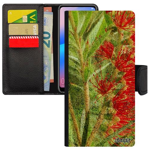 Coque Pour Huawei P20 Pro Cuir Portefeuille Fleurs Florale Cover Vert Plante Exotique Leather Nature Antichoc Smartphone Design Etui