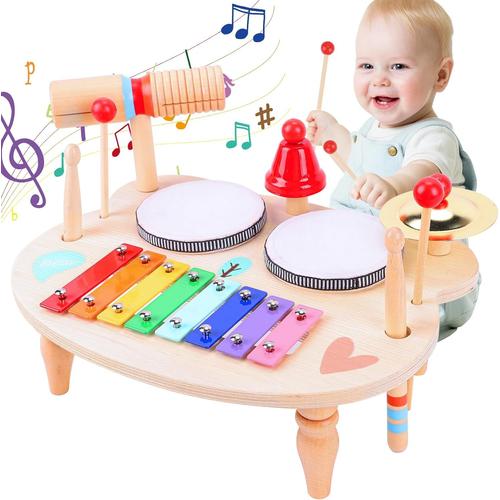 Tambour Jouet Bebe, Instrument De Musique Bebe, 10 En 1 Ensemble De Batterie Enfants, Table Musicale Jouets Montessori En Bois Jouets De Percussion Cadeau Fille Garçons Jeux Montessori 1-5 Ans