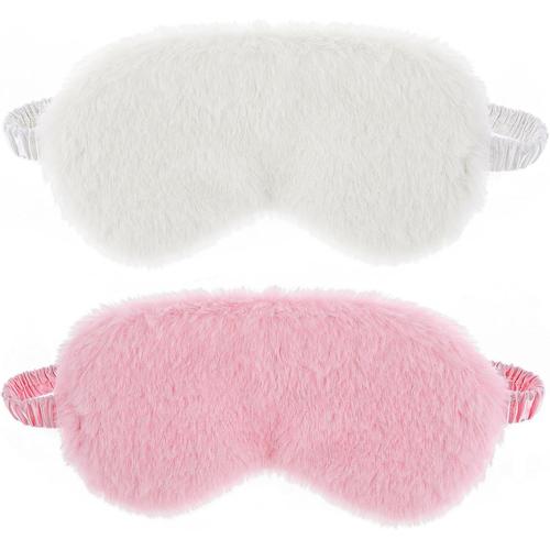 Lot De 2 Masques Pour Les Yeux En Peluche Doux Pour Dormir Avec Bandeau Confortable En Fausse Fourrure Masque De Sommeil En Satin Pour La Sieste Et La Nuit Cadeau Pour Femme Et Homme (Blanc Rose) 