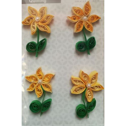 Embellissement Fleurs Jaunes En Quilling Avec Perle Pour Scrapbooking, Carterie, Décoration...
