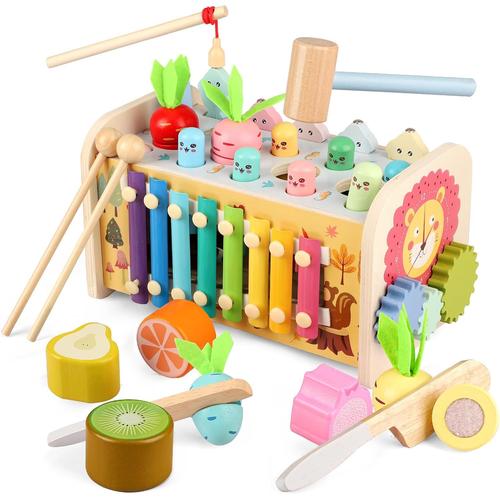 9 En 1 Jouet Bebe Montessori 1 An, Jeux En Bois Educatif Enfant 2 3 4 5 6 Ans Avec Jeu Marteau/Xylophone/Pêche, Jouet D'activité Et Développement Cadeau Noël Anniversaire Pour Fille Garcon