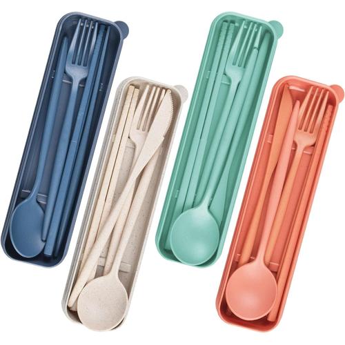 Ensemble De Couverts De Voyage Avec Étui, 4 Couvert Plastique Reutilisable, Ensemble De Vaisselle En Plastique Couteau Fourchette Cuillère Baguettes,Couverts De Table Portables Pour Pique-Nique